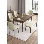 Canisa Are Serisi MDF 80x132 cm Açılabilir Barok Ahşap Desen 4 Sandalye Gold Halkalı ve 1 Bench Krem Mutfak Masası Takımı