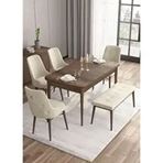 Canisa Are Serisi MDF 80x132 cm Açılabilir Barok Ahşap Desen 4 Sandalye Gümüş Halkalı ve 1 Bench Krem Mutfak Masası Takımı