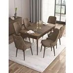 Canisa Are Serisi MDF 80x132 cm Açılabilir Barok Ahşap Desen 6 Sandalye Gold Halkalı Kahverengi Mutfak Masası Takımı