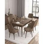 Canisa Are Serisi MDF 80x132 cm Açılabilir Barok Ahşap Desen 6 Sandalye Gümüş Halkalı Kahverengi Mutfak Masası Takımı