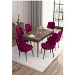 Canisa Are Serisi MDF 80x132 cm Açılabilir Barok Ahşap Desen 6 Sandalye Gümüş Halkalı Mürdüm Mutfak Masası Takımı