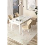 Canisa Arp Serisi 70X110 Sabit Mutfak Masası Takımı Beyaz Mermer Desen Masa 4 Krem Sandalye