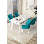 Canisa Arp Serisi 70X110 Sabit Mutfak Masası Takımı Beyaz Mermer Desen Masa 4 Turkuaz Sandalye