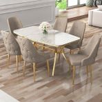 Canisa Asel Serisi 90 x 160 cm Lak Panel Beyaz Mermer Desen Gold Kaplama Ayaklı Masa Takımı Ve 6 Sandalye - Cappuccino