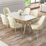 Canisa Asel Serisi 90 x 160 cm Lak Panel Beyaz Mermer Desen Gold Kaplama Ayaklı Masa Takımı Ve 6 Sandalye - Krem