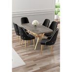 Canisa Asel Serisi 90x160 cm Antrasit İroni Masa, Gold Kaplama Ayaklı, 6 Siyah Sandalye Takımı