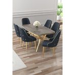 Canisa Asel Serisi 90x160 cm Lak Panel Antrasit İroni Masa, Gold Kaplama Ayaklı, 6 Antrasit Sandalye Takımı