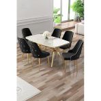 Canisa Asel Serisi 90X160 Lak Panel Beyaz Mermer Desen Gold Kaplama Ayaklı Masa Takımı Ve 6 Siyah Sandalye