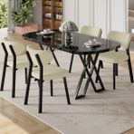 Canisa Axton Serisi Sabit Mdf 90X168 Siyah Mermer Desen Mutfak Masa Takımı 4 Krem Sandalye