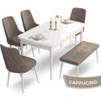 Canisa Concept Ahu Serisi 80x132 cm Açılabilir Beyaz Masa 4 Sandalye 1 Bench Cappuccino Mutfak Masa Takımı