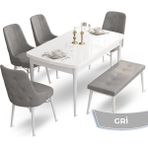 Canisa Concept Ahu Serisi 80x132 cm Açılabilir Beyaz Masa 4 Sandalye 1 Bench Gri Mutfak Masa Takımı