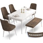 Canisa Concept Ahu Serisi 80x132 cm Açılabilir Beyaz Masa 4 Sandalye 1 Bench Kahverengi Mutfak Masa Takımı