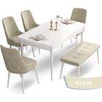Canisa Concept Ahu Serisi 80x132 cm Açılabilir Beyaz Masa 4 Sandalye 1 Bench Krem Mutfak Masa Takımı