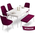 Canisa Concept Ahu Serisi 80x132 cm Açılabilir Beyaz Masa 4 Sandalye 1 Bench Mürdüm Mutfak Masa Takımı