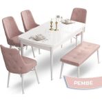 Canisa Concept Ahu Serisi 80x132 cm Açılabilir Beyaz Masa 4 Sandalye 1 Bench Pembe Mutfak Masa Takımı