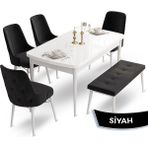 Canisa Concept Ahu Serisi 80x132 cm Açılabilir Beyaz Masa 4 Sandalye 1 Bench Siyah Mutfak Masa Takımı