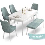 Canisa Concept Ahu Serisi 80x132 cm Açılabilir Beyaz Masa 4 Sandalye 1 Bench Su Yeşili Mutfak Masa Takımı