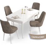 Canisa Concept Ahu Serisi 80x132 cm Açılabilir Beyaz Masa 4 Sandalye Cappucino Mutfak Masa Takımı