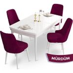 Canisa Concept Ahu Serisi 80x132 cm Açılabilir Beyaz Masa 4 Sandalye Mürdüm Mutfak Masa Takımı