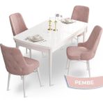 Canisa Concept Ahu Serisi 80x132 cm Açılabilir Beyaz Masa 4 Sandalye Pembe Mutfak Masa Takımı