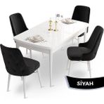 Canisa Concept Ahu Serisi 80x132 cm Açılabilir Beyaz Masa 4 Sandalye Siyah Mutfak Masa Takımı
