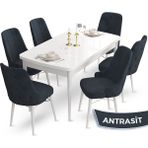 Canisa Concept Ahu Serisi 80x132 cm Açılabilir Beyaz Masa 6 Sandalye Antrasit Mutfak Masa Takımı