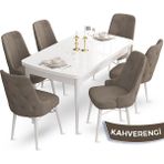 Canisa Concept Ahu Serisi 80x132 cm Açılabilir Beyaz Masa 6 Sandalye Cappucino Mutfak Masa Takımı