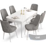 Canisa Concept Ahu Serisi 80x132 cm Açılabilir Beyaz Masa 6 Sandalye Gri Mutfak Masa Takımı