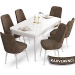 Canisa Concept Ahu Serisi 80x132 cm Açılabilir Beyaz Masa 6 Sandalye Kahverengi Mutfak Masa Takımı