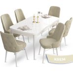 Canisa Concept Ahu Serisi 80x132 cm Açılabilir Beyaz Masa 6 Sandalye Krem Mutfak Masa Takımı
