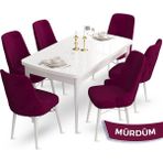 Canisa Concept Ahu Serisi 80x132 cm Açılabilir Beyaz Masa 6 Sandalye Mürdüm Mutfak Masa Takımı