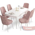 Canisa Concept Ahu Serisi 80x132 cm Açılabilir Beyaz Masa 6 Sandalye Pembe Mutfak Masa Takımı