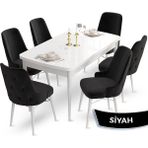 Canisa Concept Ahu Serisi 80x132 cm Açılabilir Beyaz Masa 6 Sandalye Siyah Mutfak Masa Takımı