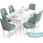 Canisa Concept Ahu Serisi 80x132 cm Açılabilir Beyaz Masa 6 Sandalye Su Yeşili Mutfak Masa Takımı
