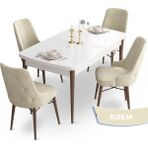 Canisa Concept Ahu Serisi 80x132 cm Açılabilir Beyaz Masa Ceviz Ayak 4 Sandalye Krem Mutfak Masa Takımı