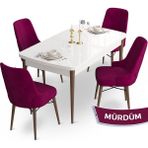Canisa Concept Ahu Serisi 80x132 cm Açılabilir Beyaz Masa Ceviz Ayak 4 Sandalye Mürdüm Mutfak Masa Takımı