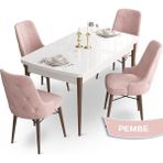 Canisa Concept Ahu Serisi 80x132 cm Açılabilir Beyaz Masa Ceviz Ayak 4 Sandalye Pembe Mutfak Masa Takımı