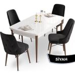 Canisa Concept Ahu Serisi 80x132 cm Açılabilir Beyaz Masa Ceviz Ayak 4 Sandalye Siyah Mutfak Masa Takımı