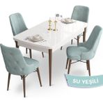 Canisa Concept Ahu Serisi 80x132 cm Açılabilir Beyaz Masa Ceviz Ayak 4 Sandalye Su Yeşili Mutfak Masa Takımı