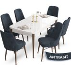 Canisa Concept Ahu Serisi 80x132 cm Açılabilir Beyaz Masa Ceviz Ayak 6 Sandalye Antrasit Mutfak Masa Takımı