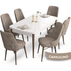 Canisa Concept Ahu Serisi 80x132 cm Açılabilir Beyaz Masa Ceviz Ayak 6 Sandalye Cappucino Mutfak Masa Takımı