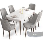 Canisa Concept Ahu Serisi 80x132 cm Açılabilir Beyaz Masa Ceviz Ayak 6 Sandalye Gri Mutfak Masa Takımı