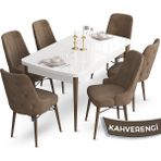 Canisa Concept Ahu Serisi 80x132 cm Açılabilir Beyaz Masa Ceviz Ayak 6 Sandalye Kahverengi Mutfak Masa Takımı