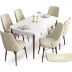 Canisa Concept Ahu Serisi 80x132 cm Açılabilir Beyaz Masa Ceviz Ayak 6 Sandalye Krem Mutfak Masa Takımı
