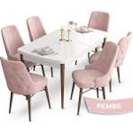 Canisa Concept Ahu Serisi 80x132 cm Açılabilir Beyaz Masa Ceviz Ayak 6 Sandalye Pembe Mutfak Masa Takımı