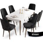 Canisa Concept Ahu Serisi 80x132 cm Açılabilir Beyaz Masa Ceviz Ayak 6 Sandalye Siyah Mutfak Masa Takımı