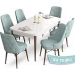 Canisa Concept Ahu Serisi 80x132 cm Açılabilir Beyaz Masa Ceviz Ayak 6 Sandalye Su Yeşili Mutfak Masa Takımı