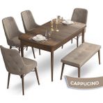 Canisa Concept Ahu Serisi 80x132 cm Açılabilir Masa Barok Ahşap Desen 4 Sandalye 1 Bench Cappuccino Mutfak Masa Takımı