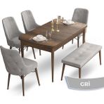Canisa Concept Ahu Serisi 80x132 cm Açılabilir Masa Barok Ahşap Desen 4 Sandalye 1 Bench Gri Mutfak Masa Takımı
