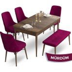 Canisa Concept Ahu Serisi 80x132 cm Açılabilir Masa Barok Ahşap Desen 4 Sandalye 1 Bench Mürdüm Mutfak Masa Takımı